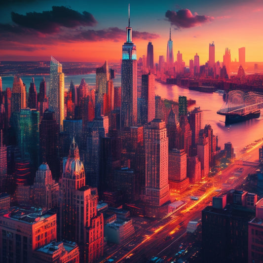 A vibrant illustration of a stylized NYC cityscape at dusk, with iconic buildings transformed into paintbrushes, canvases, and musical instruments, surrounded by swirling brushstrokes and melodies.