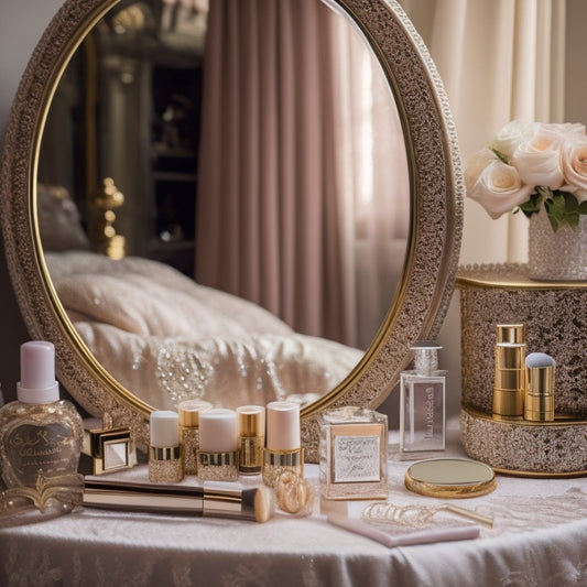 A delicate, lace-trimmed wedding veil drapes elegantly over a vintage, ornate mirror, surrounded by an assortment of luxurious makeup products and brushes, with soft, golden lighting and subtle, floral accents.