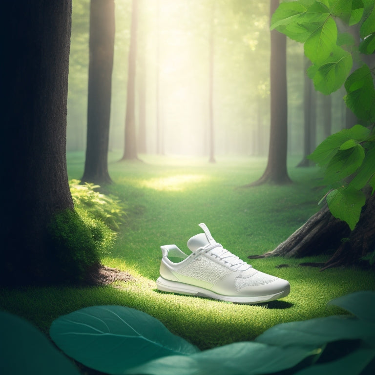 A serene, minimalist illustration featuring a delicate, bare foot with a subtle, glowing aura around the heel, surrounded by scattered, gentle, green leaves and a few, carefully placed, white athletic shoes.