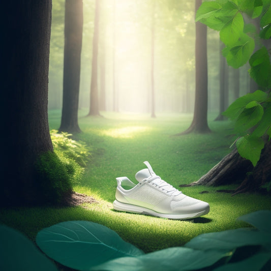 A serene, minimalist illustration featuring a delicate, bare foot with a subtle, glowing aura around the heel, surrounded by scattered, gentle, green leaves and a few, carefully placed, white athletic shoes.