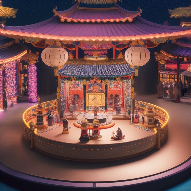 A whimsical illustration of a Japanese-inspired theatrical stage, with a revolving turntable at center, surrounded by colorful lanterns, kimonos, and traditional Japanese architecture, blending with Broadway-style spotlights.