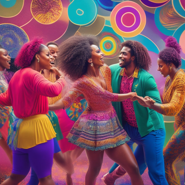 A vibrant, energetic illustration of a diverse group of people dancing together in a colorful studio, surrounded by mirrors, ballet bars, and motivational quotes written on the walls in bold, swirling patterns.