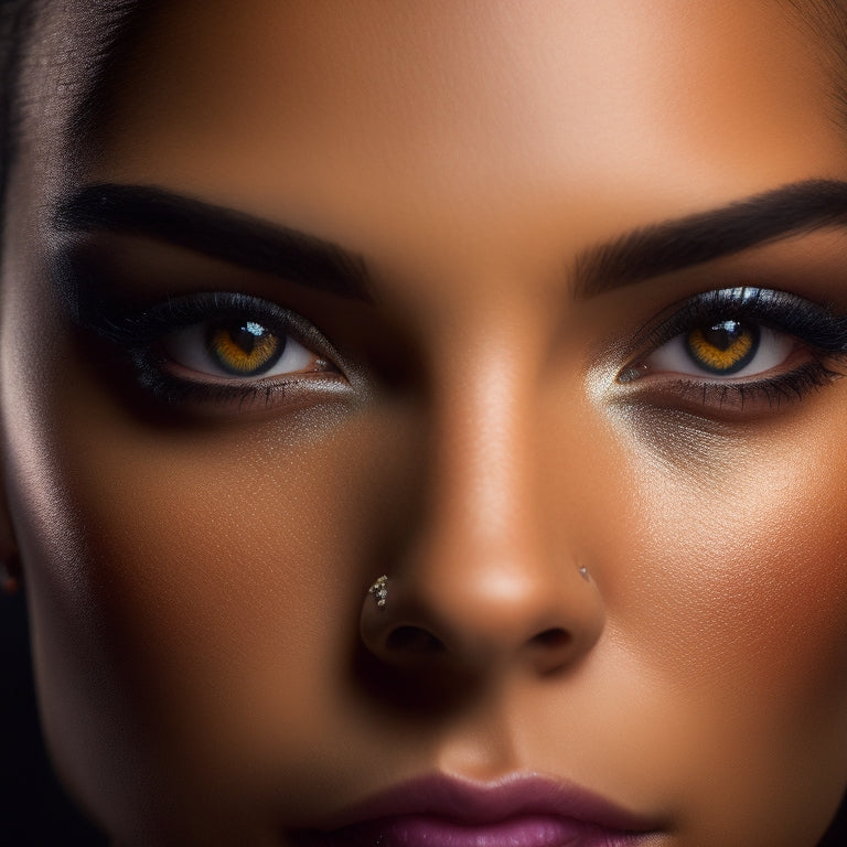 A close-up shot of a dancer's face, with a flawless, glowing complexion, bold, smoky eyes, and luscious lashes, set against a blurred, dark background with stage lights reflecting off their skin.