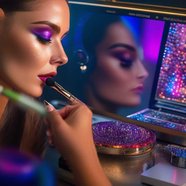 A close-up of a makeup brush applying sparkly eyeshadow to a model's lid, surrounded by open laptops and mirrors, with a blurred background of a dance studio.