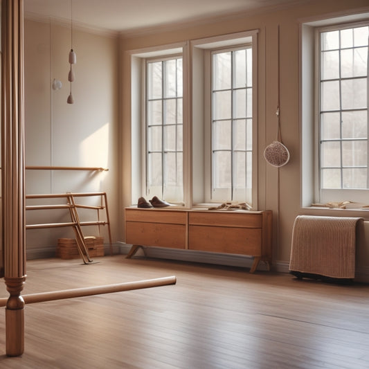 A ballet studio interior with a wooden barre attached to a mirrored wall, a measuring tape or ruler on the floor, and a few ballet shoes and blocks scattered around, with soft, natural light.