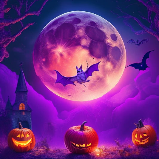 A whimsical illustration featuring a ghost, bat, and jack-o'-lantern dabbing in front of a full moon, surrounded by swirling purple and orange mist, with cobwebs and spiders in the background.