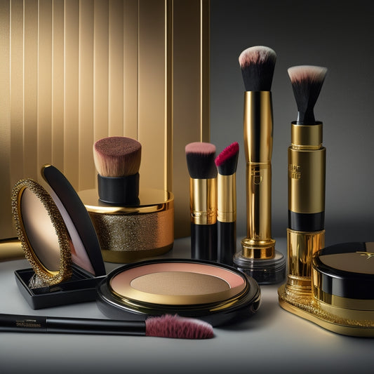 Aplitude-neutral background with a delicate, golden makeup brush lying across a sleek, black vanity, surrounded by an assortment of colorful cosmetics and a few strategically placed, elegant, curl-edged certificates.