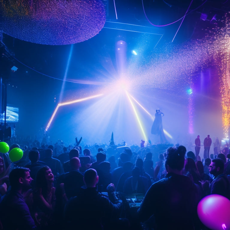 A darkened dance floor illuminated by neon lights, surrounded by dancing silhouettes, with confetti and balloons floating in the air, and a DJ spinning records in the center.