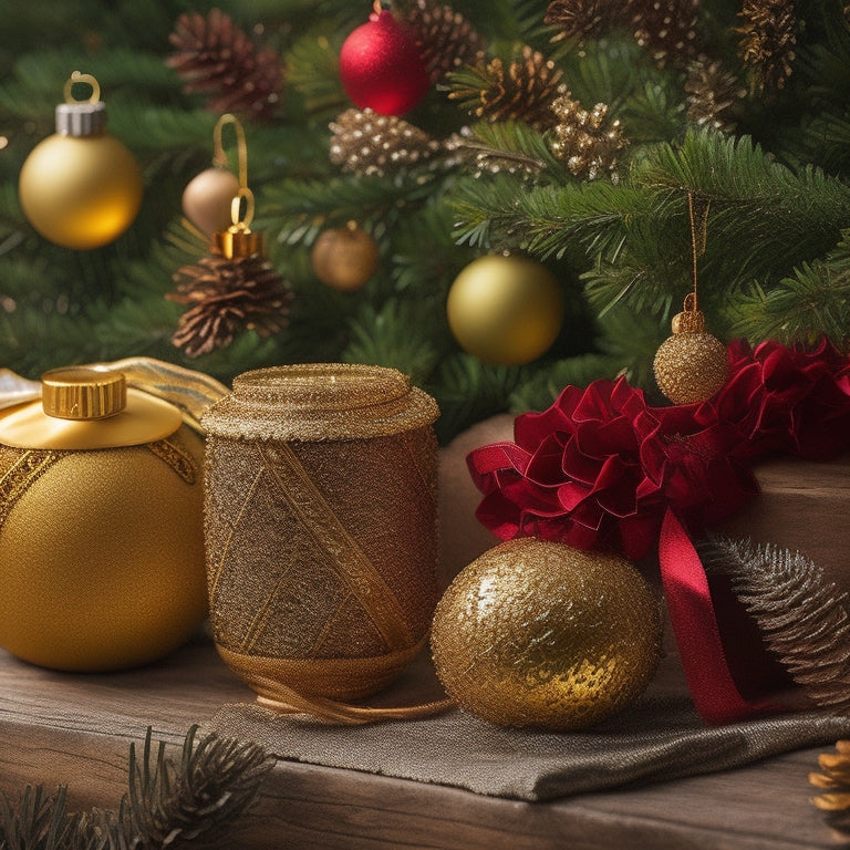 A warm, golden-lit scene featuring a festive bundle of ornaments, with Piper, Lady, and Lord patterns, nestled among evergreen branches, pinecones, and crimson ribbons, surrounded by soft, snowflake-like decorations.