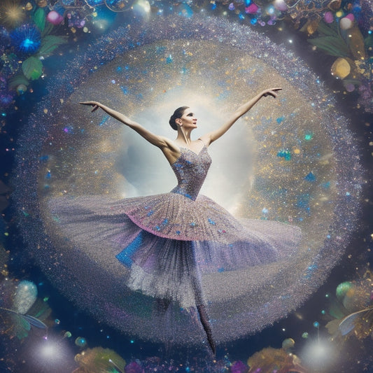 A whimsical illustration of a ballet dancer surrounded by a kaleidoscope of rhinestones in various shapes, sizes, and colors, with sparkly trails and glittering accents.