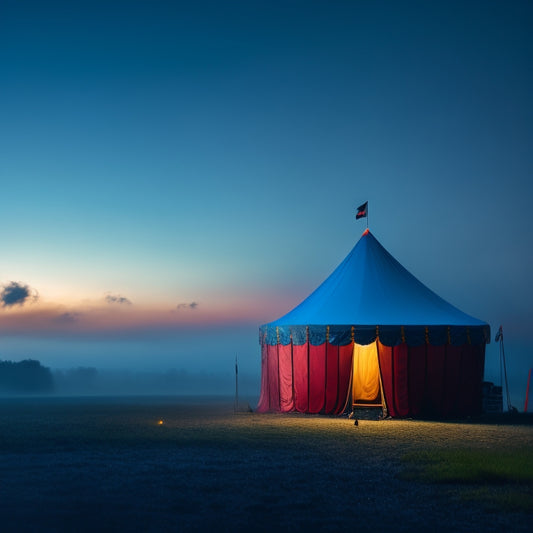 A hauntingly lit, abandoned circus tent at dusk, with a lone, ominous clown figure lurking in the shadows, surrounded by creepy balloons and a faint, eerie mist.