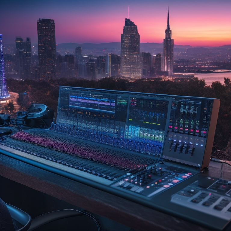 A dark gray mixing console with colorful knobs and sliders, surrounded by headphones, a microphone, and a laptop with a waveform display on the screen, set against a blurred cityscape at dusk.