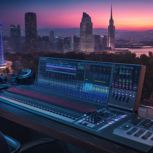 A dark gray mixing console with colorful knobs and sliders, surrounded by headphones, a microphone, and a laptop with a waveform display on the screen, set against a blurred cityscape at dusk.