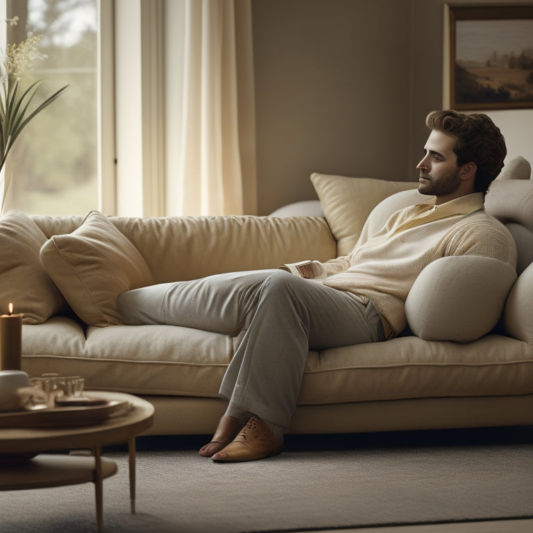 A serene, relaxed person lounging on a plush couch, wearing light-beige chino pants, with one leg casually bent and the other stretched out, surrounded by soft cushions and a calm atmosphere.