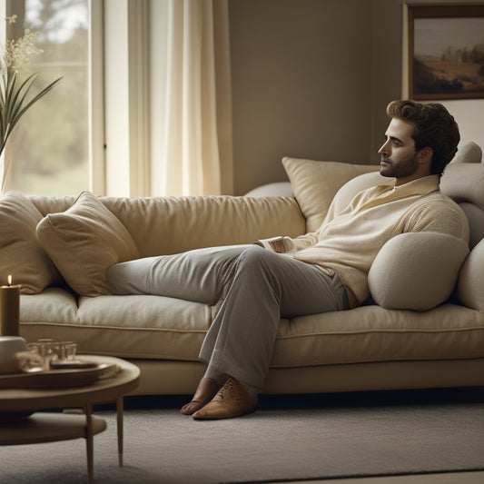 A serene, relaxed person lounging on a plush couch, wearing light-beige chino pants, with one leg casually bent and the other stretched out, surrounded by soft cushions and a calm atmosphere.