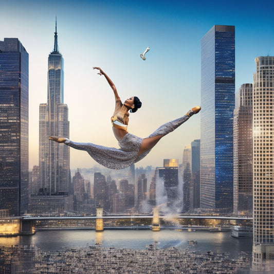 A stylized illustration of a dancer in motion, surrounded by fragmented puzzle pieces, with each piece featuring a miniature New York City skyline, subtly integrating dollar signs and musical notes.