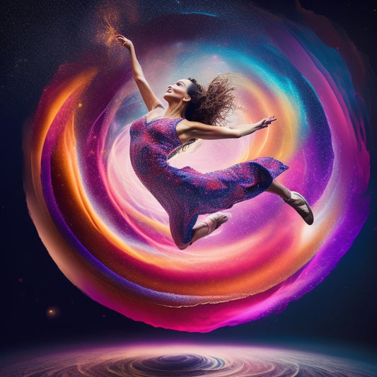 A vibrant illustration of a dancer in mid-air, surrounded by swirling shapes and colors, with checkmarks and stars orbiting their body, conveying energy, movement, and achievement.