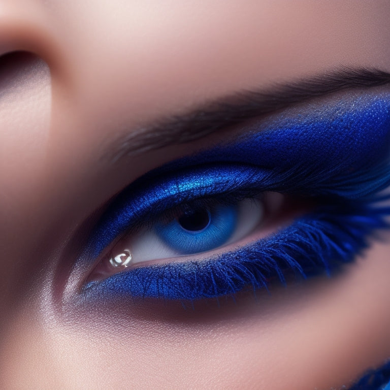 A close-up of a dancer's face, spotlight shining on vibrant, smudge-proof eye makeup: bold blue eyeshadow, precise black eyeliner, and luscious lashes, with a subtle sheen of sweat.