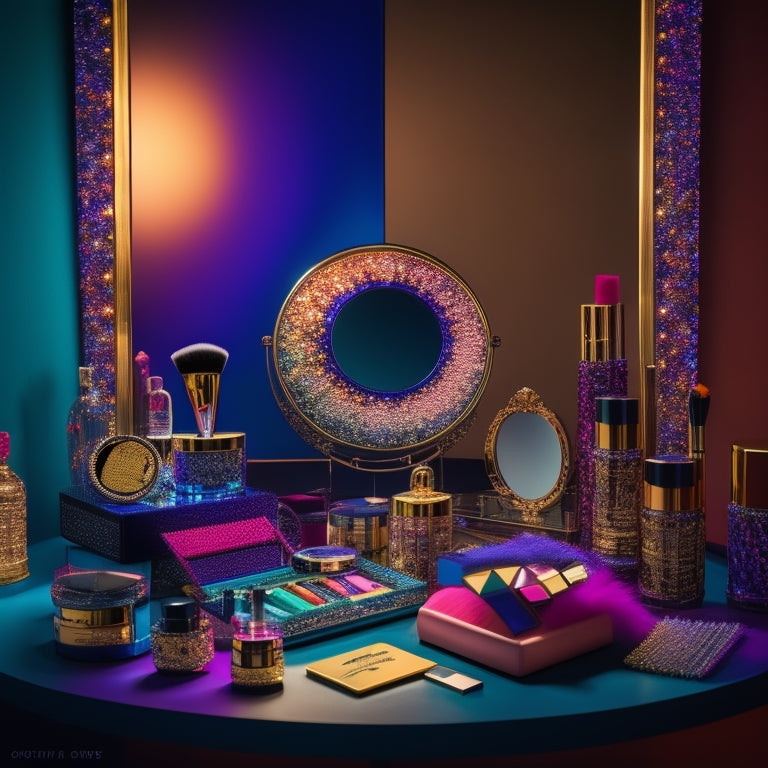 A glamorous, dimly lit vanity table with an array of colorful makeup products, brushes, and mirrors, surrounded by spotlights, amidst a backdrop of swirling dance-inspired patterns and shimmering fabrics.