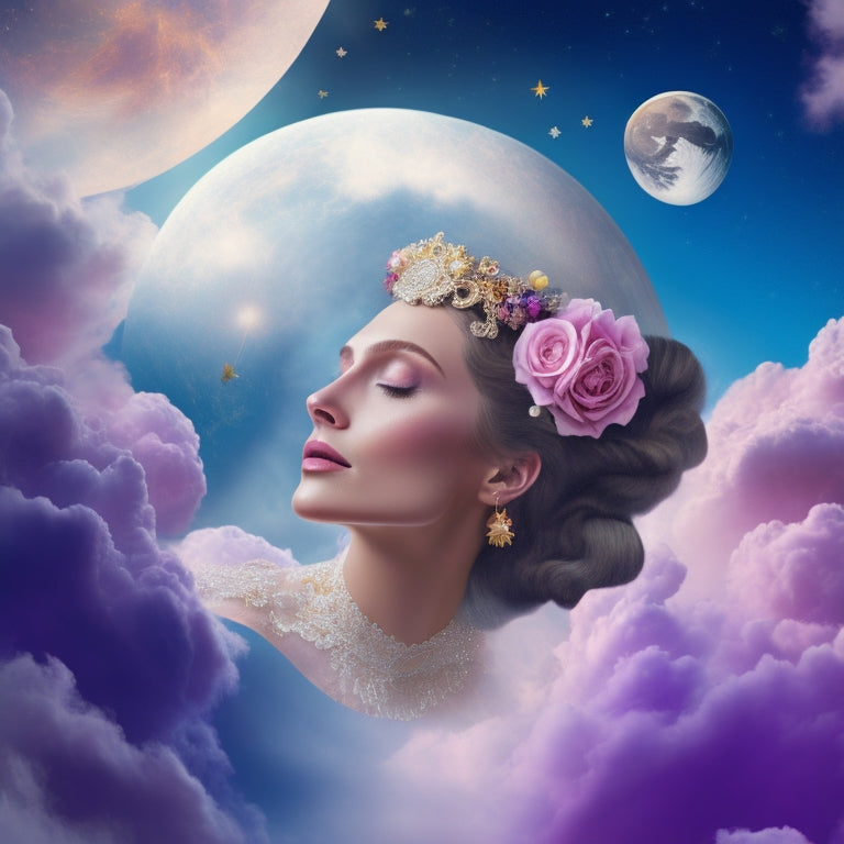 A whimsical illustration of a woman with a crescent moon on her forehead, surrounded by swirling clouds, stars, and musical notes, dancing amidst a halo of soft, pastel colors.