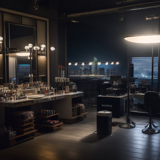 A glamorous, dimly lit backstage area with rows of vanity stations, adorned with spotlights, makeup brushes, and an assortment of cosmetics, with a cityscape of San Jose in the blurred background.