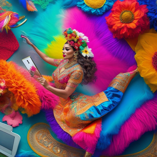 A whimsical illustration of a dancer surrounded by swirling fabrics, flowers, and feathers, with a tablet and stylus nearby, amidst a kaleidoscope of colors and patterns, evoking freedom and creativity.