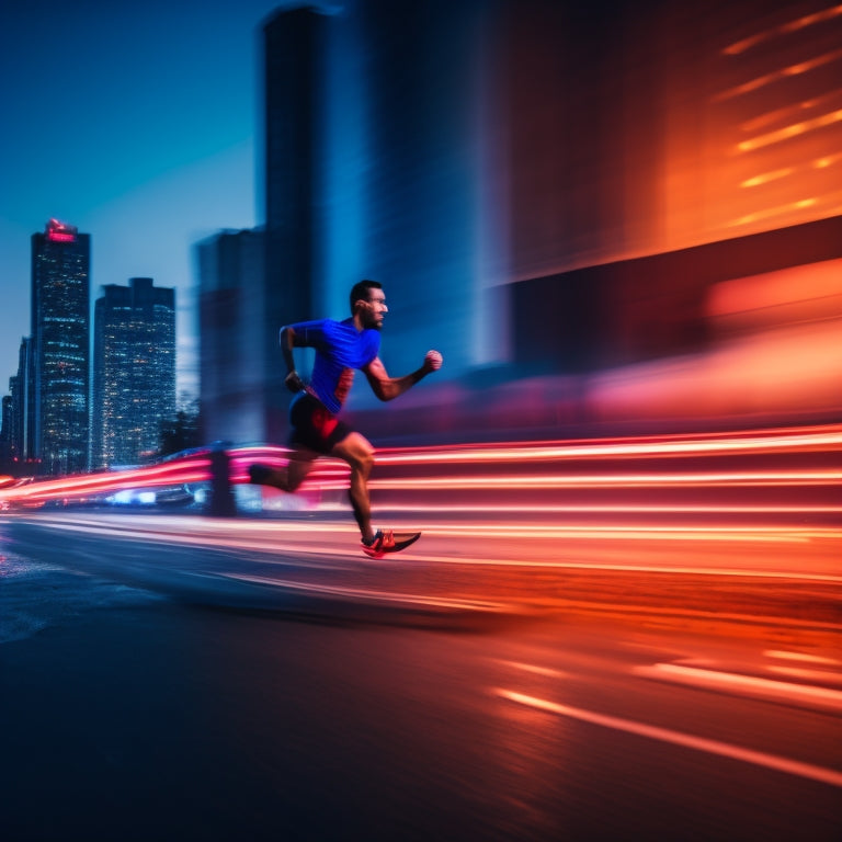 A blurred runner in motion, with swirling trails of color behind them, set against a dark cityscape at dusk, with neon lights reflecting off wet pavement.