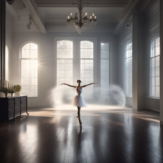 A serene, well-lit dance studio with a wooden floor, mirrors, and a ballet barre, featuring a solo dancer in a dramatic pose, surrounded by faint, swirling mist and subtle, shimmering lights.