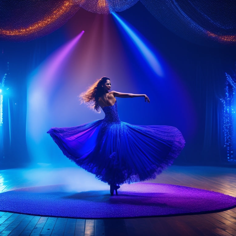 A majestic, spotlit dance floor with a lone, confident dancer in a powerful pose, surrounded by swirling, shimmering lights and a subtle, gradient background of deep blues and purples.