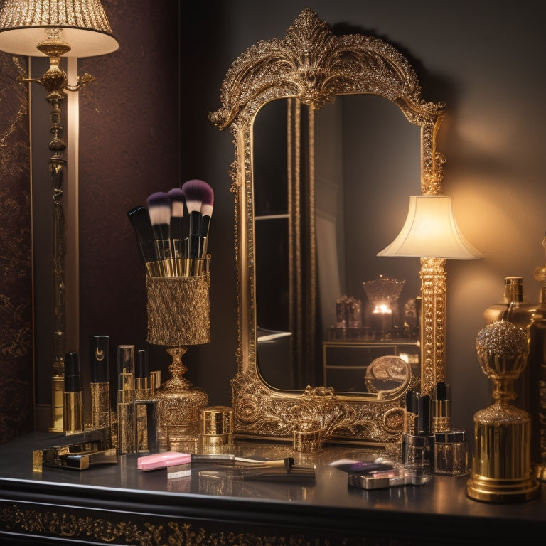 A glamorous makeup station with a ornate, gold-framed mirror, surrounded by an array of high-end makeup products and brushes, with a spotlight shining down on a blank, yet elegant, face.