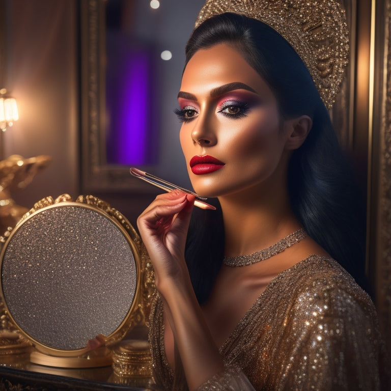 A glamorous, dimly lit studio setup with a vanity mirror, ornate golden makeup brushes, and a rainbow of shimmering eyeshadows, with Mika Michelle Garcia's elegant, contoured face reflected in the mirror.