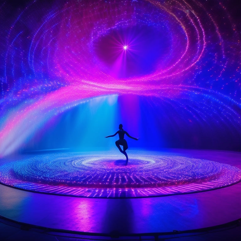 A darkened stage with a solo dancer in the center, surrounded by swirling LED lights and holographic projections, their movements triggering bursts of colorful sparks and digital ripples.