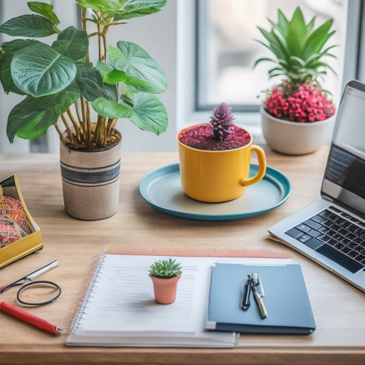 A clutter-free desk with a laptop, a cup of coffee, and a few essential tools like a planner, a set of colorful pens, and a small potted plant, surrounded by a minimalist background.