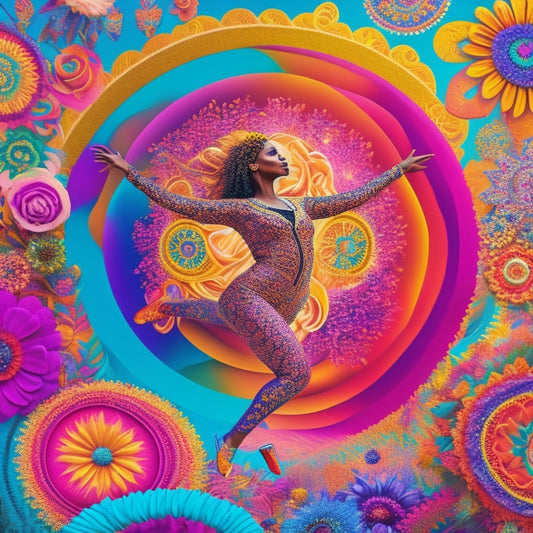 A vibrant illustration featuring a dancing figure surrounded by swirling patterns of peace signs, flowers, and psychedelic shapes, set against a bright, gradient-colored background.