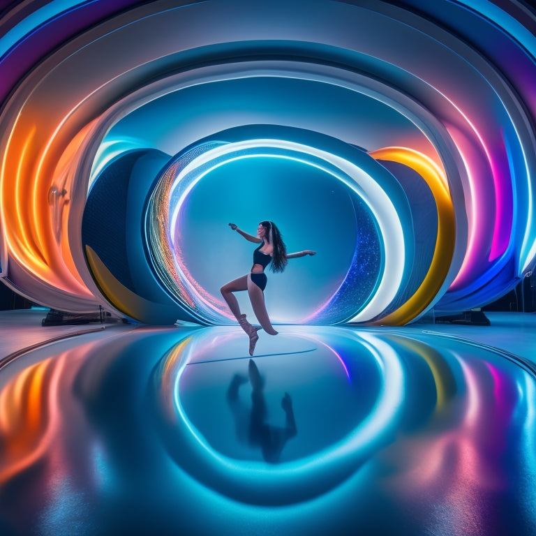 A futuristic dance studio with a lone dancer wearing VR headset and gloves, surrounded by swirling vortex of colors, with virtual dance partners and mirrors reflecting infinite possibilities.