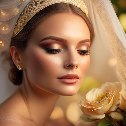 A soft, golden light illuminates a serene, ivory-skinned bride, her eyes closed, surrounded by an array of luxurious makeup products, brushes, and delicate flowers, with a subtle, shimmering veil in the background.
