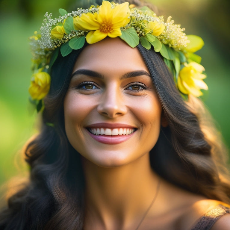 A serene, golden-lit portrait of Sue Perez, surrounded by lush greenery, with a delicate, sparkling flower crown on her head, and a gentle, knowing smile on her face.