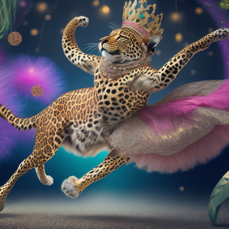 A whimsical illustration featuring a stylized leopard wearing a sparkly tiara and a flowing, glittery tutu, posed in a dramatic dance move, surrounded by colorful, swirling dance-inspired shapes.