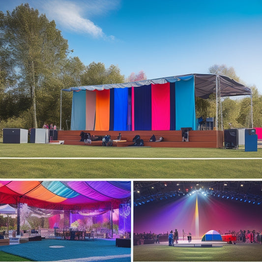 A vibrant outdoor scene featuring various portable stages: a sleek aluminum stage with a sound system, a wooden platform set in a park, a colorful pop-up tent stage at a festival, and an elegant indoor riser.