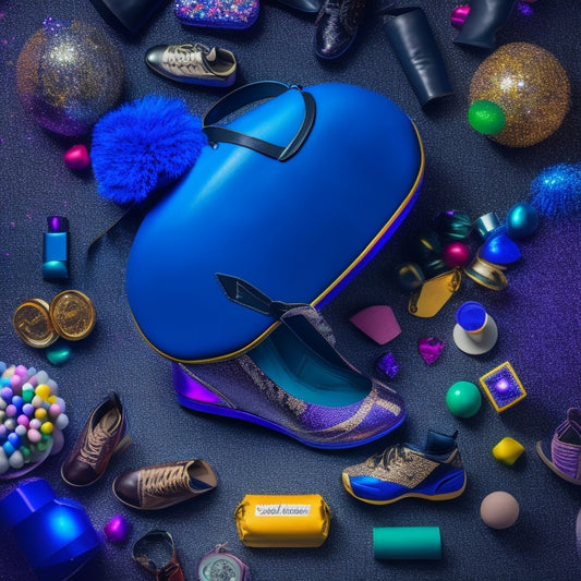 A colorful illustration of a dancer's bag overflowing with neatly arranged dance gear, shoes, and accessories, surrounded by dance-themed icons and confetti, with a subtle sparkly background.