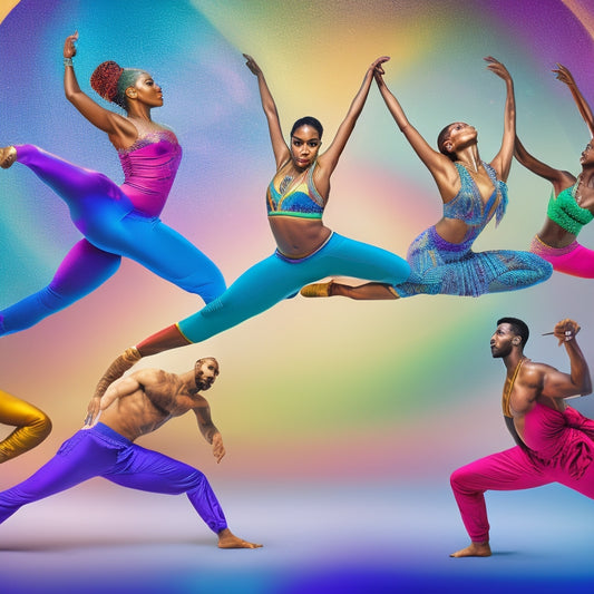 Vibrant illustration featuring a diverse group of dancers in motion, showcasing various styles: ballet, hip-hop, salsa, contemporary, and Bollywood, set against a dynamic, gradient-colored background with swirling patterns.