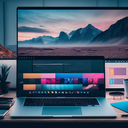 A minimalist desktop background with a MacBook in the center, surrounded by scattered video editing icons, film strips, and colorful video playback thumbnails, with a subtle gradient of blues and whites.