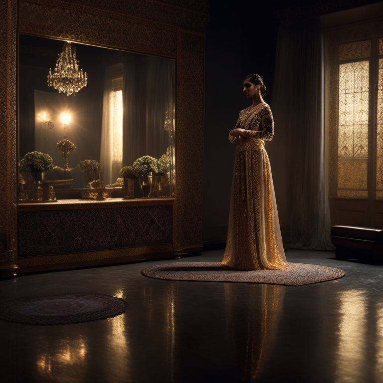 A serene, dimly lit studio with a lone dancer, spotlit, in a powerful, introspective pose, surrounded by mirrors, with subtle Middle Eastern-inspired patterns and fabrics adorning the space.