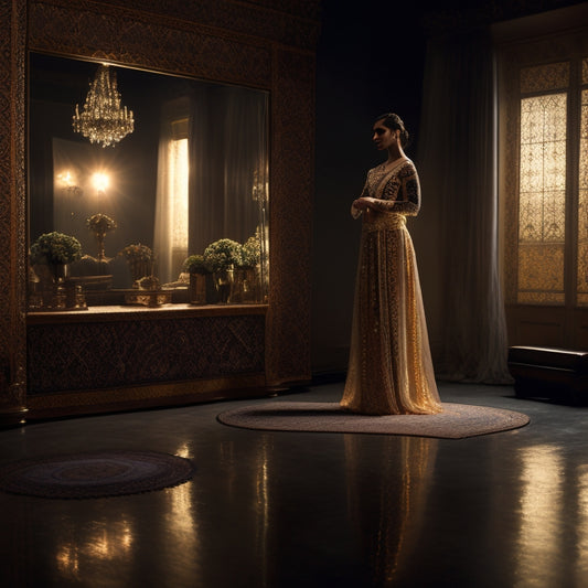 A serene, dimly lit studio with a lone dancer, spotlit, in a powerful, introspective pose, surrounded by mirrors, with subtle Middle Eastern-inspired patterns and fabrics adorning the space.