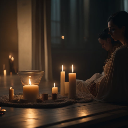 A serene, dimly lit studio with a lone figure in the center, surrounded by candles, practicing fluid, sensual movements, with a subtle glow and soft shadows, evoking a sense of harmony and balance.