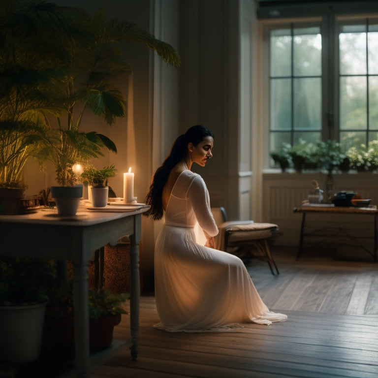 A serene, dimly lit room with a wooden floor, a lone dancer in a flowing white outfit, surrounded by calming plants, practicing gentle movements in front of a laptop with a blurred online class playing.