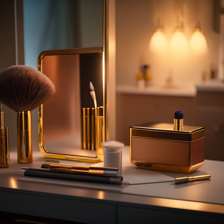 A minimalist, elegant makeup station with a Resume binder, pens, and a few strategically placed makeup brushes, surrounded by subtle, shimmering lights and a soft, blurred background.