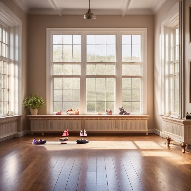 A serene dance studio with polished wooden floors, soft natural light streaming through large windows, showcasing an array of colorful ballet shoes neatly arranged, each pair distinct in style, material, and size.