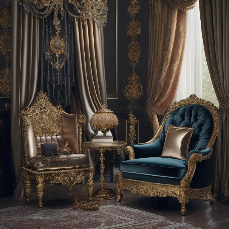 A regal, golden-lit studio backdrop with a stately, velvet-draped chair, adorned with intricate carvings, surrounded by lavish fabrics, and adorned with a few strategically placed, delicate pearls.