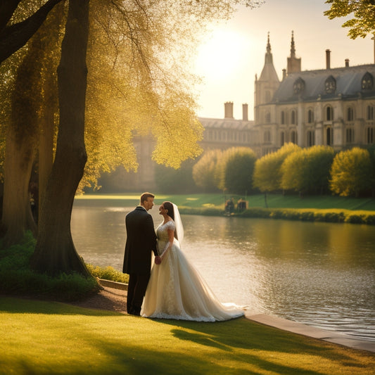 A serene, golden-lit wedding scene: a lace-veiled bride and tailcoated groom stand on the banks of the River Cam, surrounded by lush greenery and majestic Cambridge University buildings.